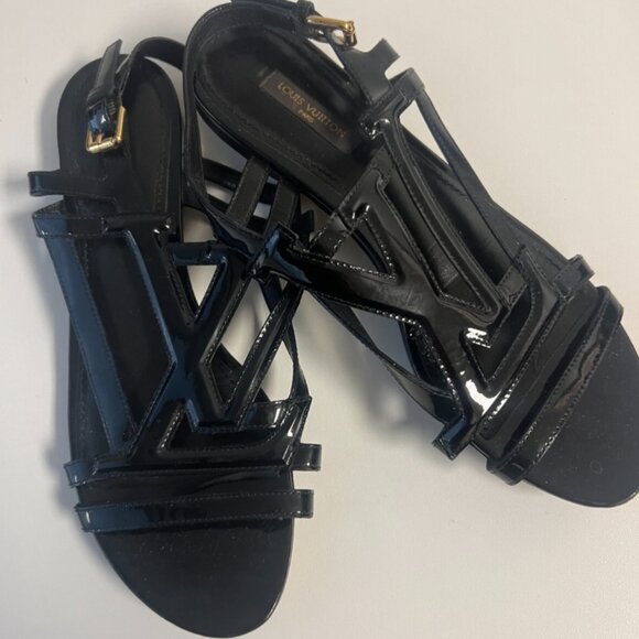 Louis Vuitton Revival Patent Leather LV Logo Sandals Flats 37.5 - Picture 3 of 5